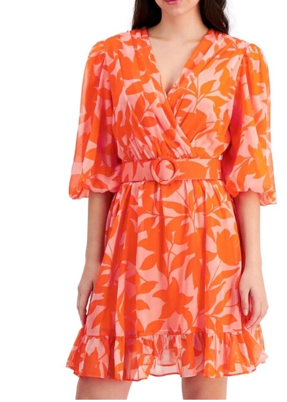 Taylor Floral Chiffon Mini Dress Womens Size 4 Orange Pink Belted Puff Sleeve